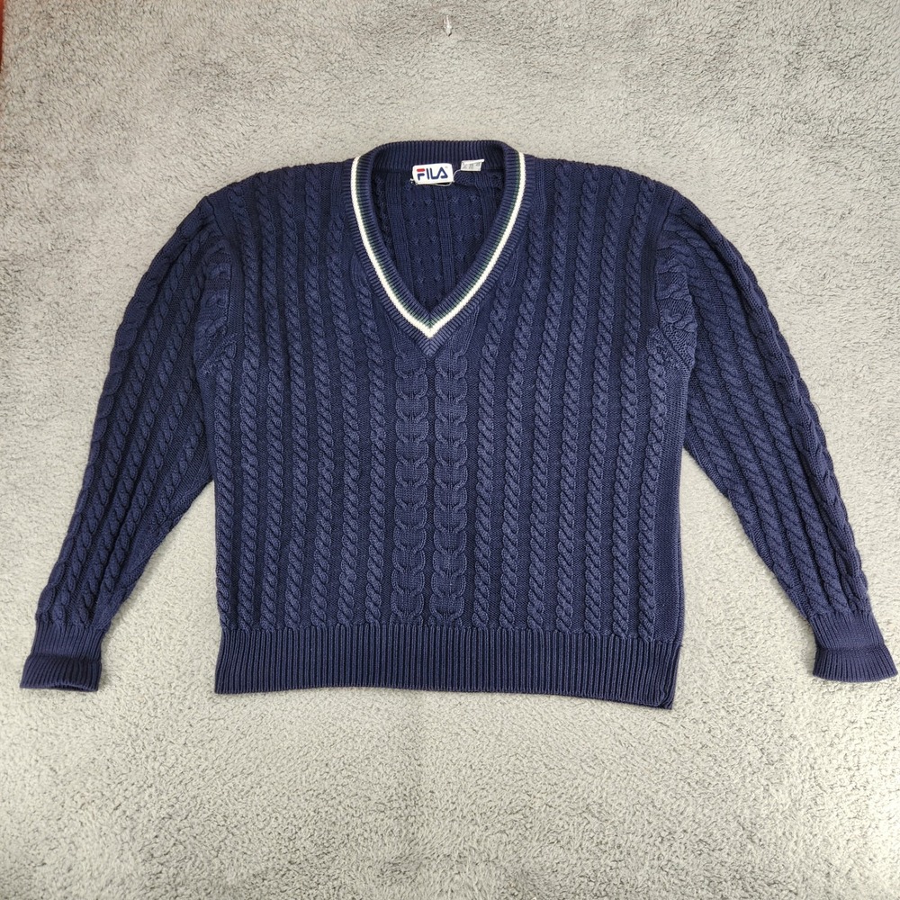 Vintage FILA Cable Knit V-Neck Sweater Mens XL Blue Tennis